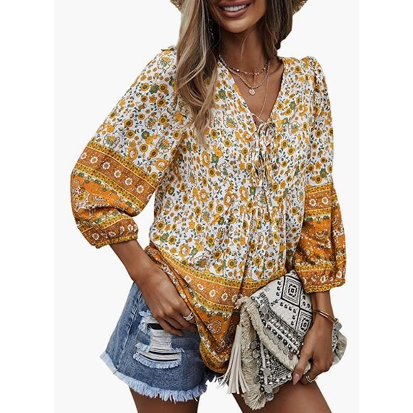 Orange & White Boho Floral Printed Tie V-Neck Loose Flowy Long Sleeve Top Blouse - Picture 2 of 6